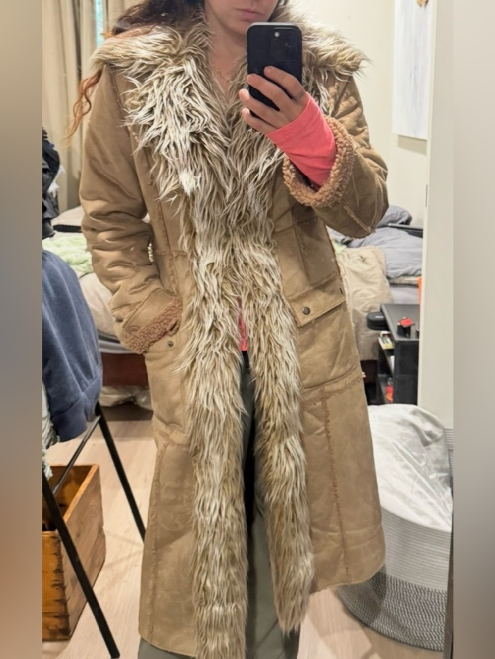 Atmosphere Brown Faux Shearling Long Teddy Coat with Fur Trim